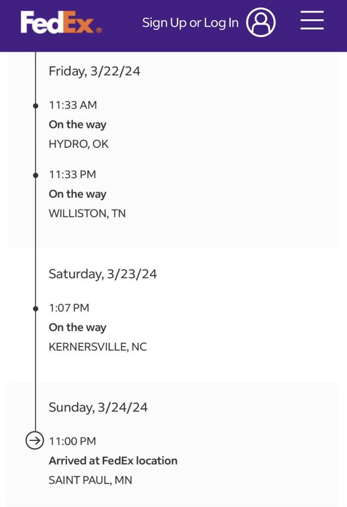 FedEx tracking status showing a package in transit with times and dates for anticipated delivery, going from Oklahoma to Tennessee and North Carolina and  then to Minnesota