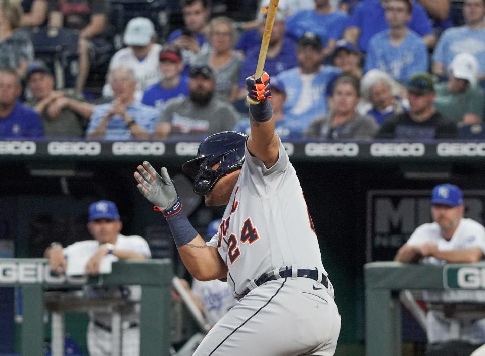 Detroit Tigers designated hitter Miguel Cabrera (24) connects for a double in the sixth inning against the Kansas City Royals at Kauffman Stadium in Kansas City, Missouri, on Tuesday, June 15, 2021.