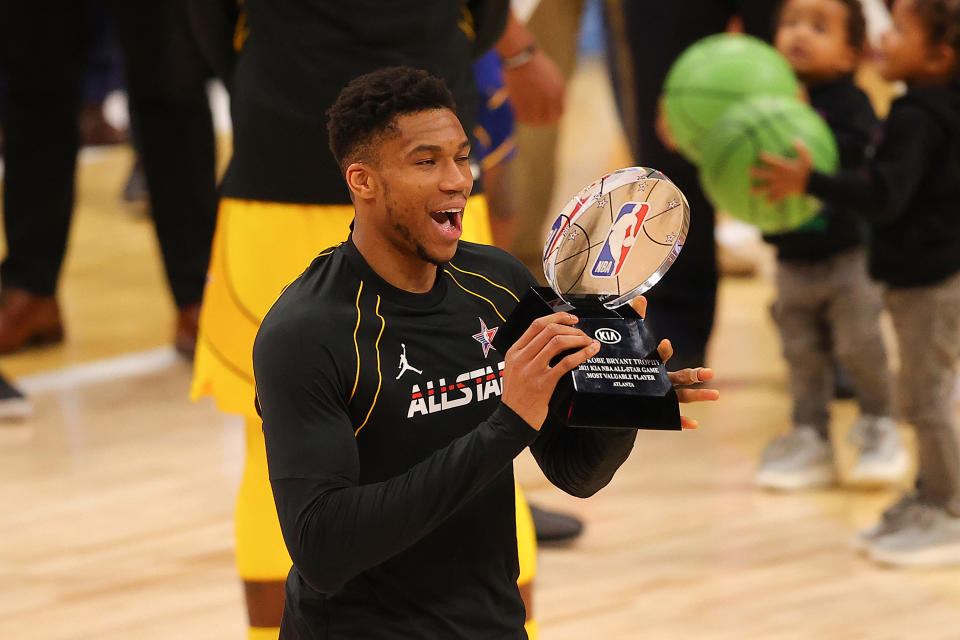 Giannis Antetokounmpo #34 of Team James is presented the MVP award after his team defeated Team Durant in the 70th NBA All-Star Game at State Farm Arena on March 07, 2021 in Atlanta, Georgia. (Photo by Kevin C. Cox/Getty Images)