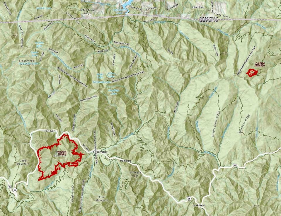 Two other fires are burning in western Siskiyou County, the Yeti and Alex fires. Both were caused by lightning and were 0% contained Thursday morning.