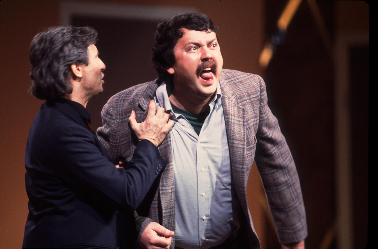 Canadian comedian David Steinberg (left) and American comedian Mike Hagerty perform onstage during the Second City 25th Anniversary performance at the Vic Theater, Chicago, Illinois, December 16, 1984. (Photo by Paul Natkin/Getty Images)