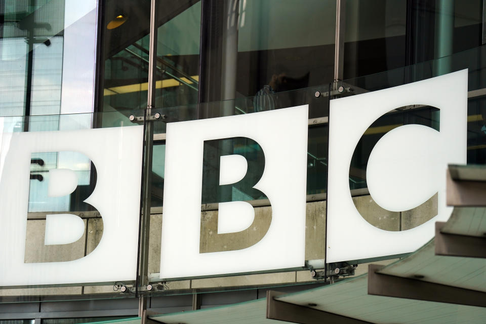 Signage outside BBC Broadcasting house, in central London, after a male presenter was suspended following allegations that he paid a teenager tens of thousands of pounds for sexually explicit images. The BBC is facing increased pressure after fresh claims emerged about the unnamed presenter. Picture date: Wednesday July 12, 2023. (Photo by James Manning/PA Images via Getty Images)