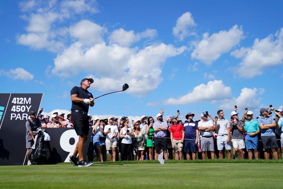 Phil Mickelson tees off on nine during the final round of the LIV Golf Bedminster golf tournament at Trump National Bedminster on Sunday, Aug. 13, 2023.