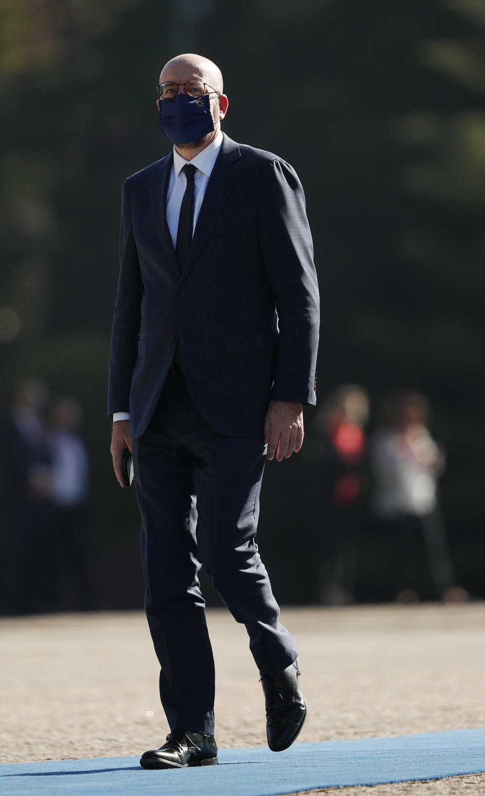 European Council President Charles Michel arrives for an EU summit at the Crystal Palace in Porto, Portugal, Saturday, May 8, 2021. On Saturday, EU leaders hold an online summit with India's Prime Minister Narendra Modi, covering trade, climate change and help with India's COVID-19 surge. (AP Photo/Francisco Seco, Pool)