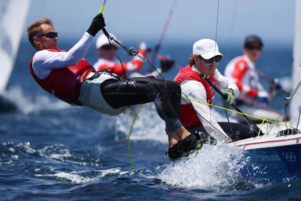 <p>Paul Snow-Hansen and Dan Willcox of Team New Zealand of Team Australia compete in the Men's 470 class on day nine of the Tokyo 2020 Olympic Games at Enoshima Yacht Harbour on August 01, 2021 in Fujisawa, Kanagawa, Japan. (Photo by Clive Mason/Getty Images)</p> 