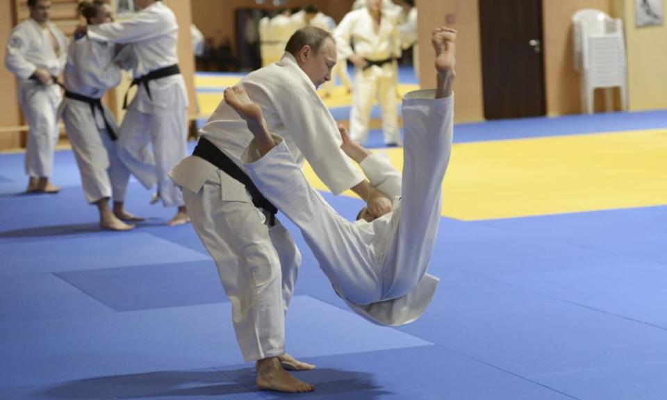 Vladimir Putin training with the Russian national judo team in Sochi, 2016