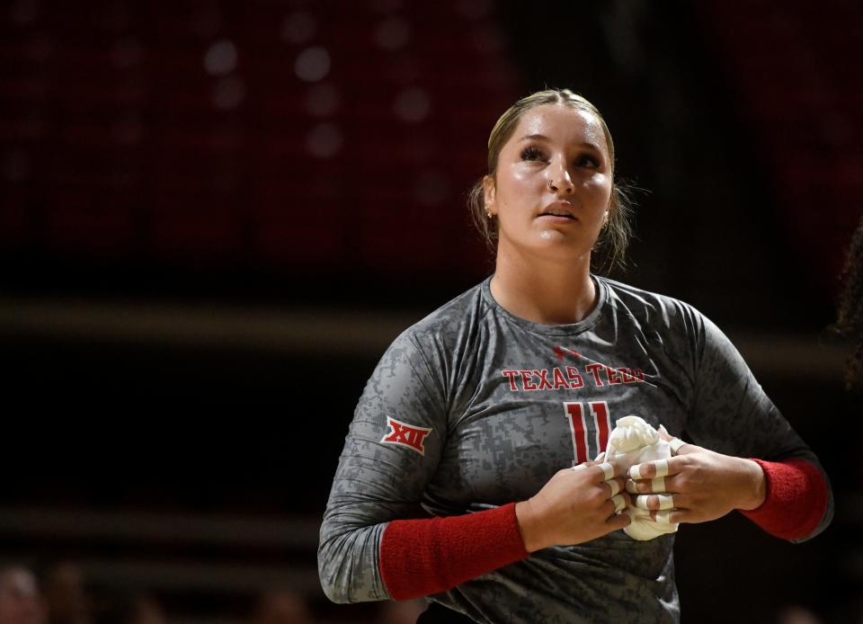 Texas Tech's Kenna Sauer looks at the crowd before the game against Tartleton State, Tuesday, Aug. 30, 2022, at United Supermarkets Arena. Texas Tech won: 25-18, 25-20 and 25-15.