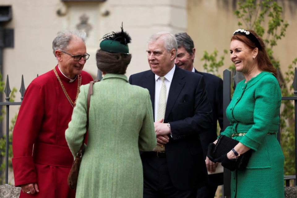 Prince Andrew, Sarah Ferguson, Princess Anne and her husband Vice Admiral Sir Tim Laurence, Prince Edward and his wife Sophie, Countess of Wessex attended Easter service at St. George’s Chapel. REUTERS/Hollie Adams/Pool