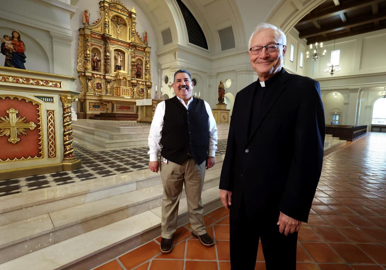 Miguel Mireles, executive director of the Blessed Stanley Rother Shrine, and the Rev. Don Wolf, pastor of the shrine church, Sacred Heart Church, are seen at the shrine on Feb 2 in Oklahoma City.