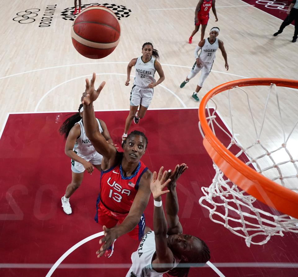 Sylvia Fowles (USA) shoots against Nigeria during the Tokyo 2020 Olympic Summer Games at Saitama Super Arena.