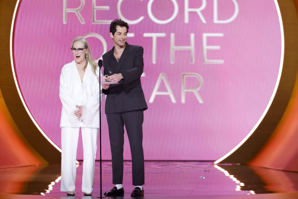 los angeles february 4 meryl streep and mark ronson present the award for record of the year at the 66th annual grammy awards, airing live from cryptocom arena in los angeles, california, sunday, feb 4 800 1130 pm, live et500 830 pm, live pt on the cbs television network photo by sonja flemmingcbs via getty images local caption meryl streepmark ronson