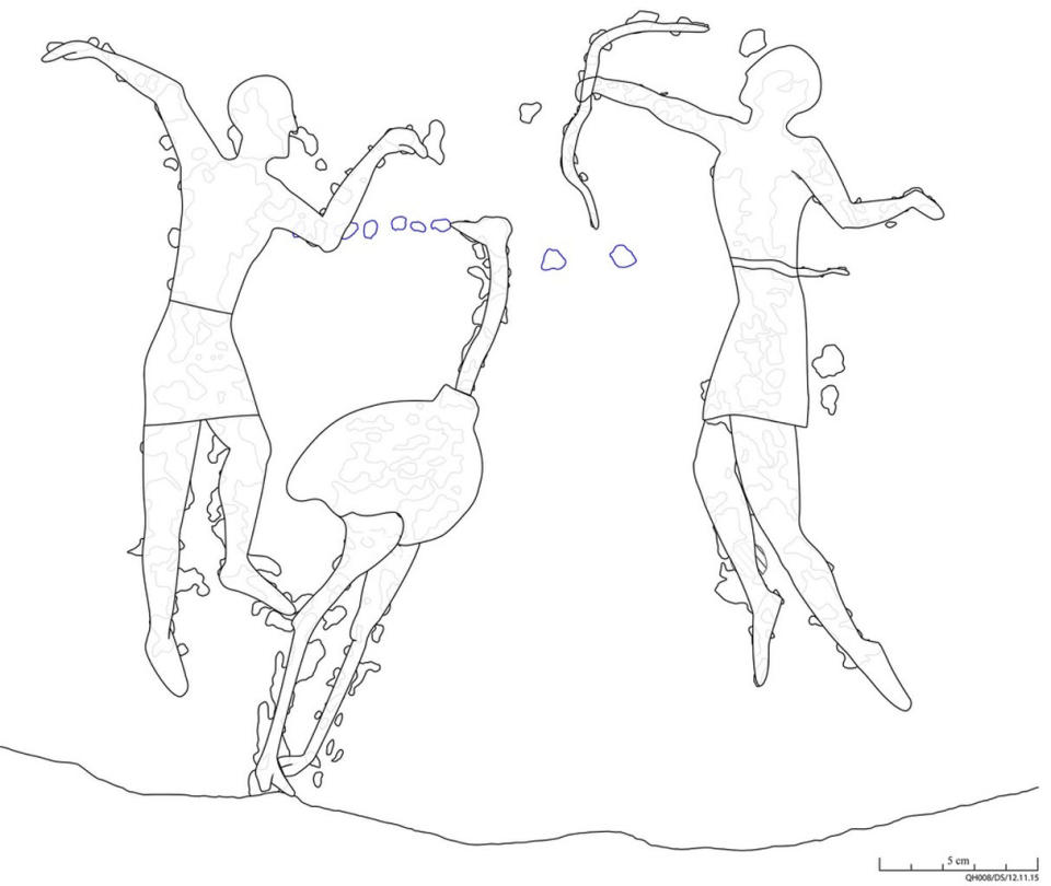 A drawing showing the Neolithic rock carving from Qubbet el-Hawa in greater clarity. Mask use was previously unknown from this era of pre-dynastic ancient Egypt. <cite>© David Sabel</cite>