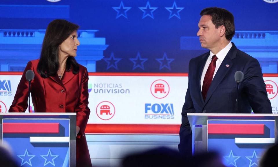 Haley and the Florida governor, Ron DeSantis, at the second Republican debate in Simi Valley, California. Haley is challenging DeSantis for second place in recent polling.