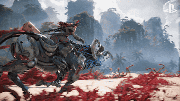 Aloy riding a machine that looks like a horse in Horizon Zero Dawn