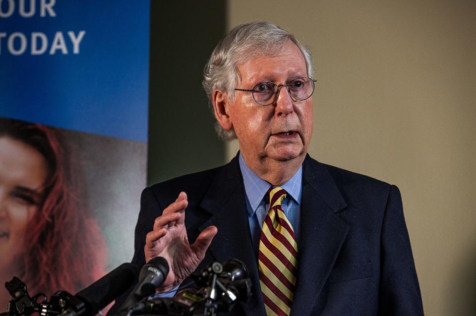 U.S. Senate Minority Leader Mitch McConnell speaks about the situation in Ukraine on Thursday, calling for the United States to 'ratchet up' the sanctions on Russia. Feb. 24, 2022