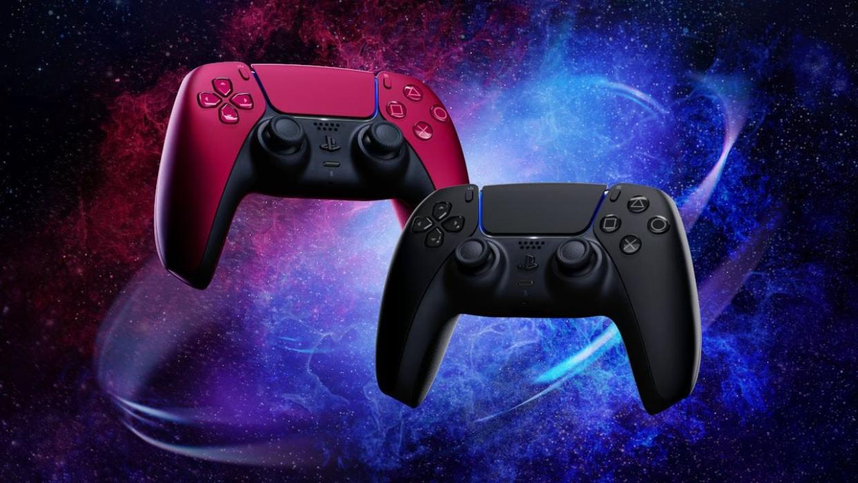 The PlayStation 5's DualSense controllers in 'cosmic red' and 'midnight black.'