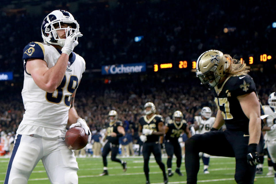 <p>Tyler Higbee #89 of the Los Angeles Rams celebrates after scoring a touchdown against the New Orleans Saints during the third quarter in the NFC Championship game at the Mercedes-Benz Superdome on January 20, 2019 in New Orleans, Louisiana. (Photo by Jonathan Bachman/Getty Images) </p>