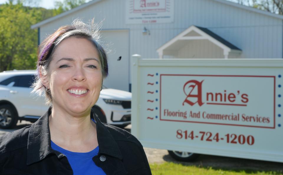 Mindy Nearhoof, 46, owner of Annie's Flooring and Commercial Services, has been named Small Business Administration Pennsylvania Small Business Person of the Year for 2023. She is shown outside her business in Meadville on May 17.