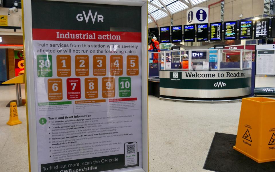 A sign details the rail disruption at Reading station as the Aslef industrial action continues