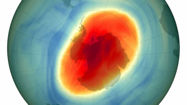 PHOTO: This map shows the size and shape of the ozone hole over the South Pole on Oct. 5, 2022, when it reached its single-day maximum extent for the year. (NASA)