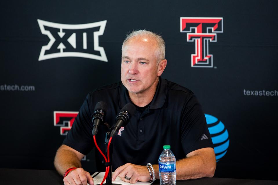 Joey McGuire addresses the media during an in-house media day hosted by Texas Tech football, Tuesday, July 30, 2024, at Jones AT&T Stadium.