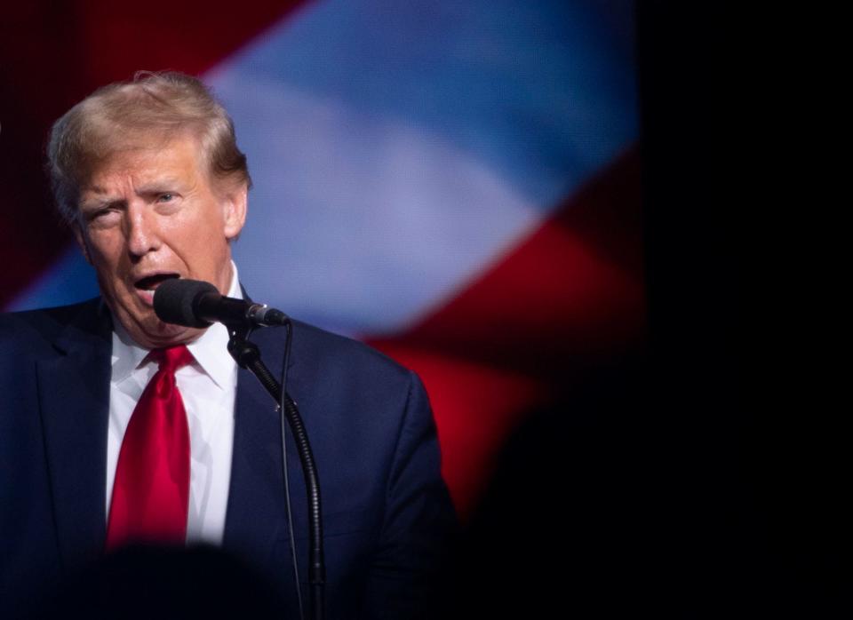 Former President Donald Trump addresses the 2024 NRB International Christian Media Convention sponsored by the National Religious Broadcasters association at the Gaylord Opryland Resort and Convention Center in Nashville, Tenn., Thursday night, February 22, 2024.