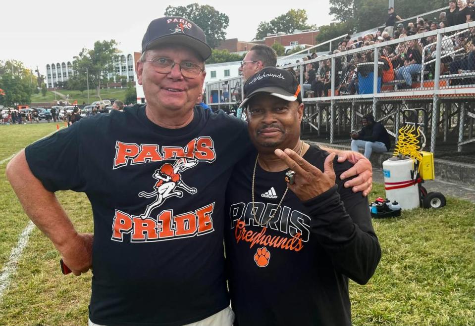 Eugene “Puck” Puckett, left, and Ivan K. Rice, the “Doctor of Sports,” are good friends and two of the most knowledgeable folks around Paris when it comes to high school sports.