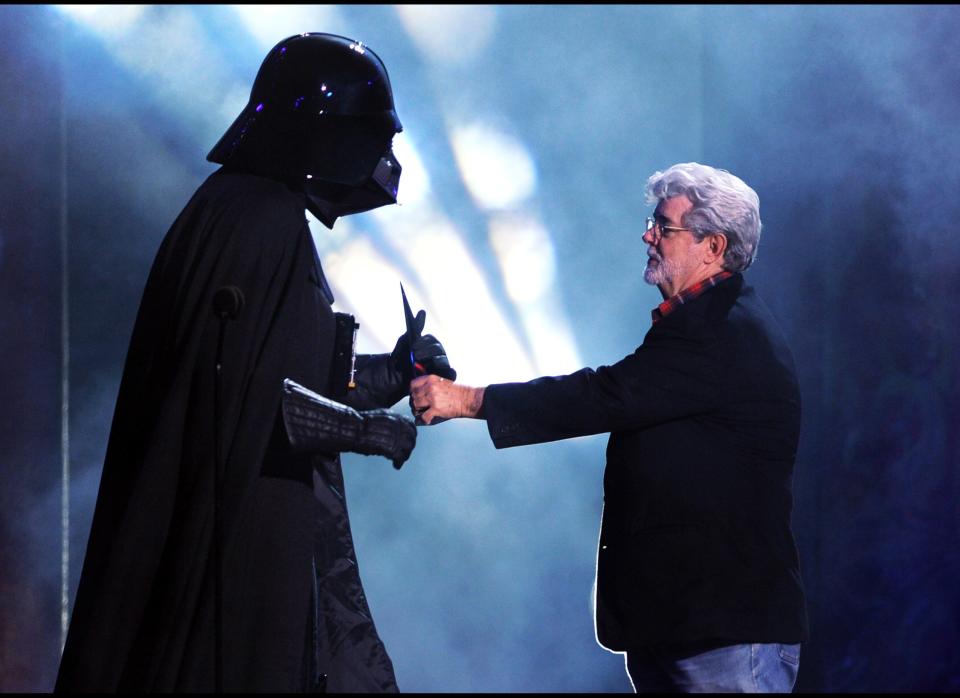 Darth Vader accepts the Ultimate Villain award from George Lucas onstage during Spike TV's "SCREAM 2011" awards held at Universal Studios on Oct. 15, 2011 in Universal City, California.  (Kevin Winter, Getty Images)