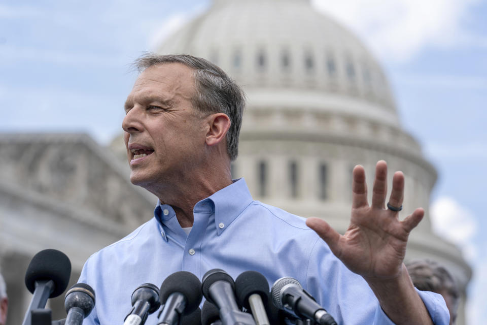 FILE - House Freedom Caucus Chair Rep. Scott Perry, R-Pa., speaks as he joins members of the conservative faction at a press event outside the Capitol in Washington, Sept. 12, 2023. A federal judge is ordering Republican Rep. Scott Perry of Pennsylvania to turn over more than 1,600 texts and emails to FBI agents investigating efforts to keep President Donald Trump in office after his 2020 election loss and illegally block the transfer of power to Democrat Joe Biden. The ruling, late Monday, came more than a year after Perry’s personal cellphone was seized by federal authorities. (AP Photo/J. Scott Applewhite, File)