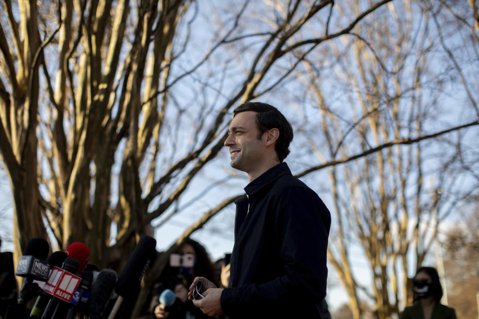 CORRECTS CITY TO ATLANTA Democratic U.S. Senate challenger Jon Ossoff speaks to the media at Dunbar Neighborhood Center during Georgia's Senate runoff elections, Tuesday, Jan. 5, 2021, in Atlanta, Ga. (AP Photo/Branden Camp)