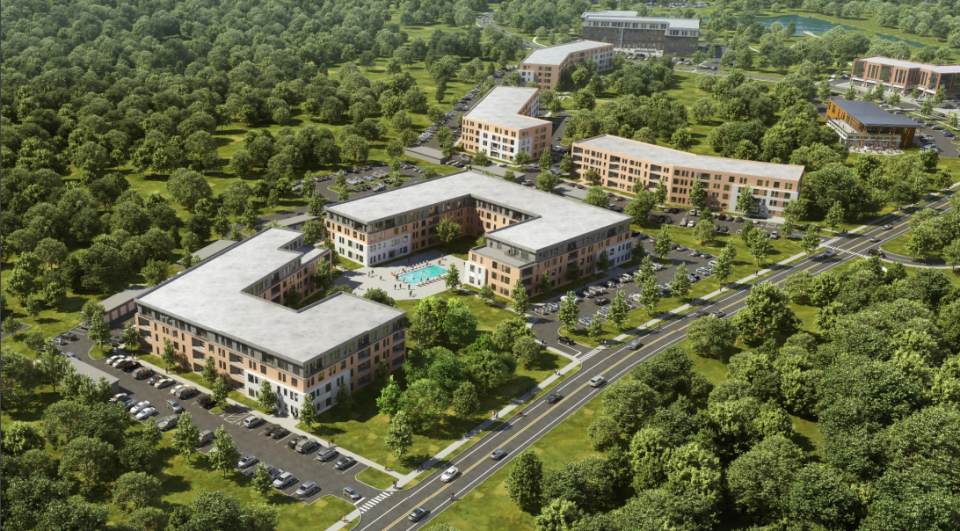 A rendering for Dennett Landing, a residential and commercial development project proposal along Route 236 and Dennett Road in Kittery. The project proposal calls for approximately 900 dwelling units, a brewery, a daycare center, an assisted living facility, a restaurant and more across 82 acres.