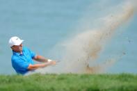 Aug 16, 2015; Sheboygan, WI, USA; Jordan Spieth plays from a bunker on the 3rd hole during the final round of the 2015 PGA Championship golf tournament at Whistling Straits. Mandatory Credit: Thomas J. Russo-USA TODAY Sports