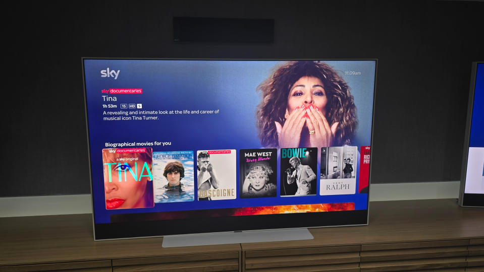 A Sky Glass TV with a list of biographic films showing, with the film Tina highlighted