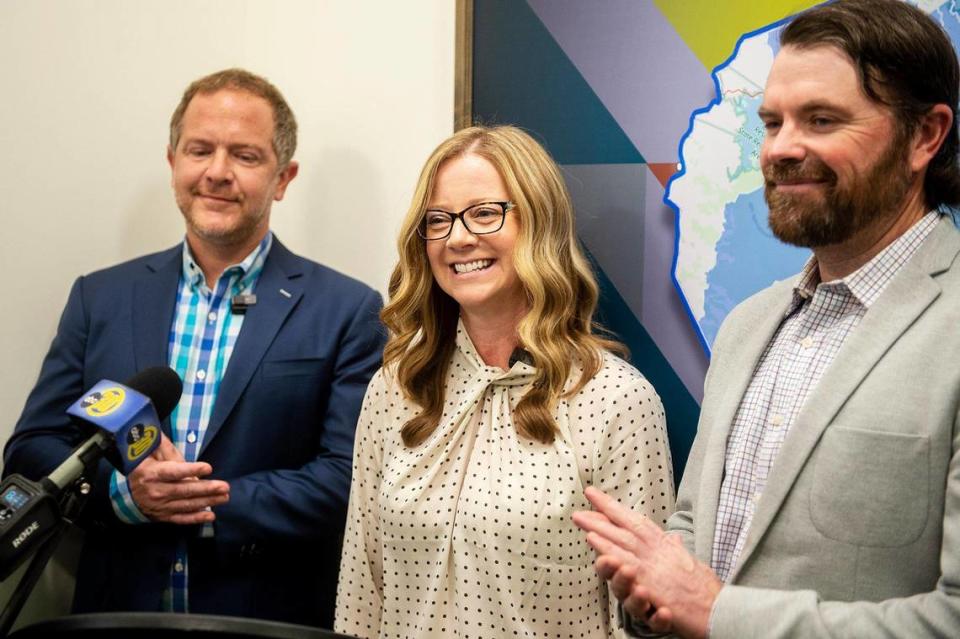 Former Merced city manager Stephanie Dietz, center, is announced as the new Executive Director of the Community Foundation of Merced County during a ceremony in Merced, Calif., on Wednesday, Jan. 3, 2024.