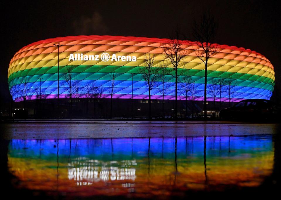 Germany's Allianz Arena is illuminated in rainbow colors after a domestic Bunesliga soccer match on January 30, 2021. / Credit: Pool via REUTERS/Andreas Gebert