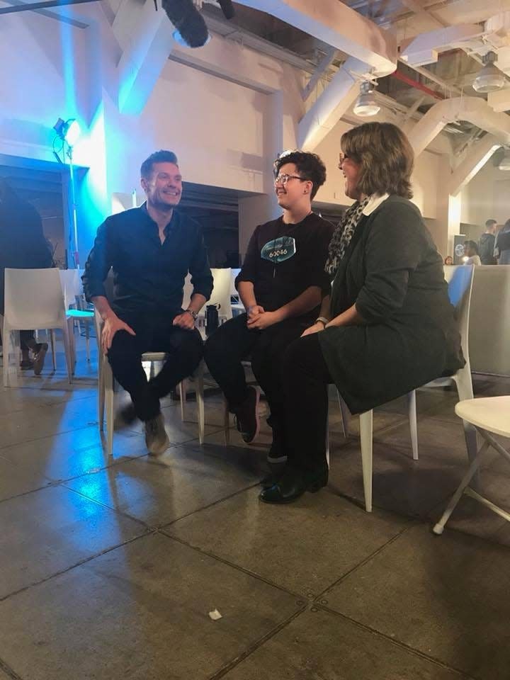 Ryan Seacrest, host of the "American Idol" revival on ABC, talks with Jack Colton McGrath and his mother, Pauline McGrath, of Freetown.
