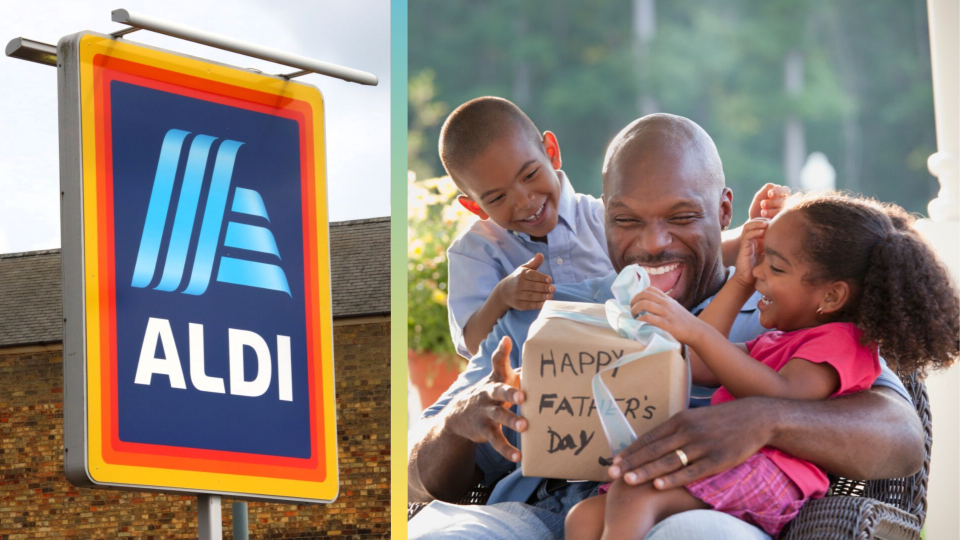 Pictured: Aldi logo, Father opening present on Father's Day. Images: Getty