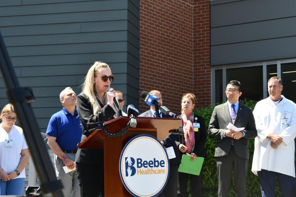 Delaware Division of Substance Abuse and Mental Health Director Joanna Champney at a press conference on the surge in overdoses in Sussex County May 1, 2024.