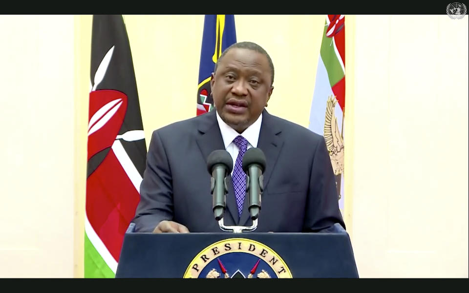 In this photo made from UNTV video, Uhuru Kenyatta, president of Kenya, speaks in a pre-recorded message which was played during the 75th session of the United Nations General Assembly, Wednesday, Sept. 23, 2020, at UN Headquarters. This year's annual gathering of world leaders at U.N. headquarters will be almost entirely "virtual." Leaders have been asked to pre-record their speeches, which will be shown in the General Assembly chamber, where each of the 193 U.N. member nations are allowed to have one diplomat present. (UNTV Via AP )