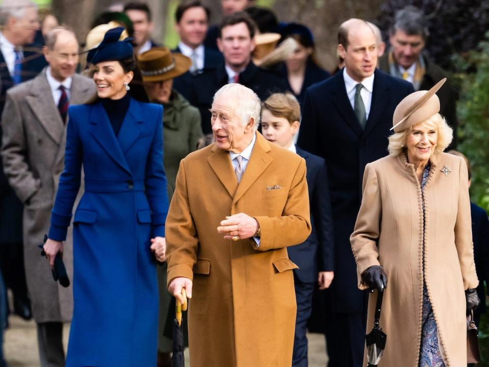 King Charles III, Queen Camilla, Kate Middleton, Prince George, and Prince William, attend the Christmas Morning Service at Sandringham Church on December 25, 2023, in Sandringham, Norfolk.