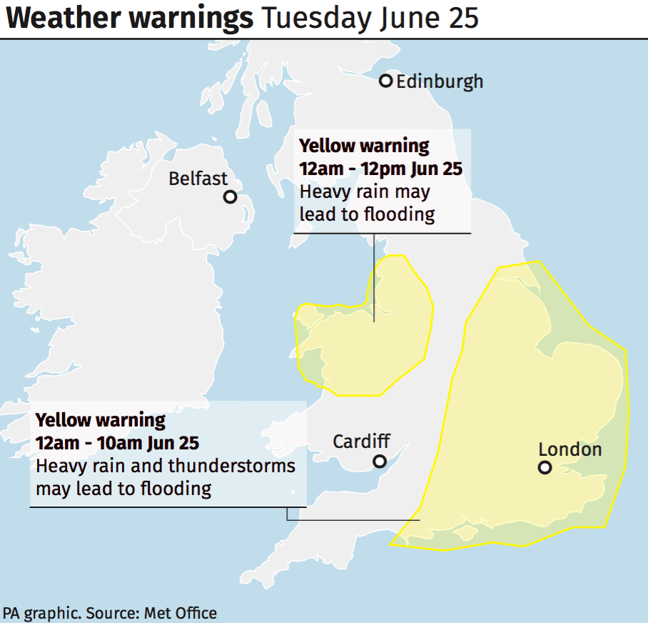 Weather warnings for Tuesday June 25