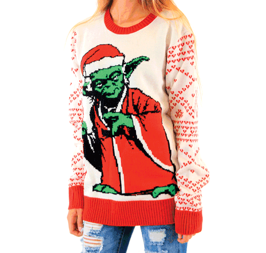Just TRY using the Force to resist this precious Yoda-as-Santa Christmas sweater. Happen, it will not.
