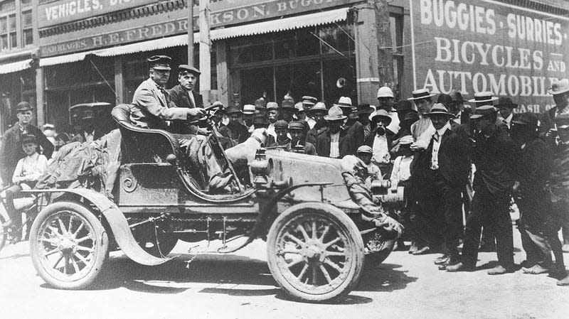 Physician Horatio Nelson Jackson (at wheel) and his driving partner Sewall K. Crocker became the first men to drive an automobile across the United States. Starting in San Francisco, CA, they arrived in New York City on July 26 after a trip that took 63 days, 12 hours, and 30 minutes. Over 800 gallons of gasoline were needed to complete the journey in this Winton. 
