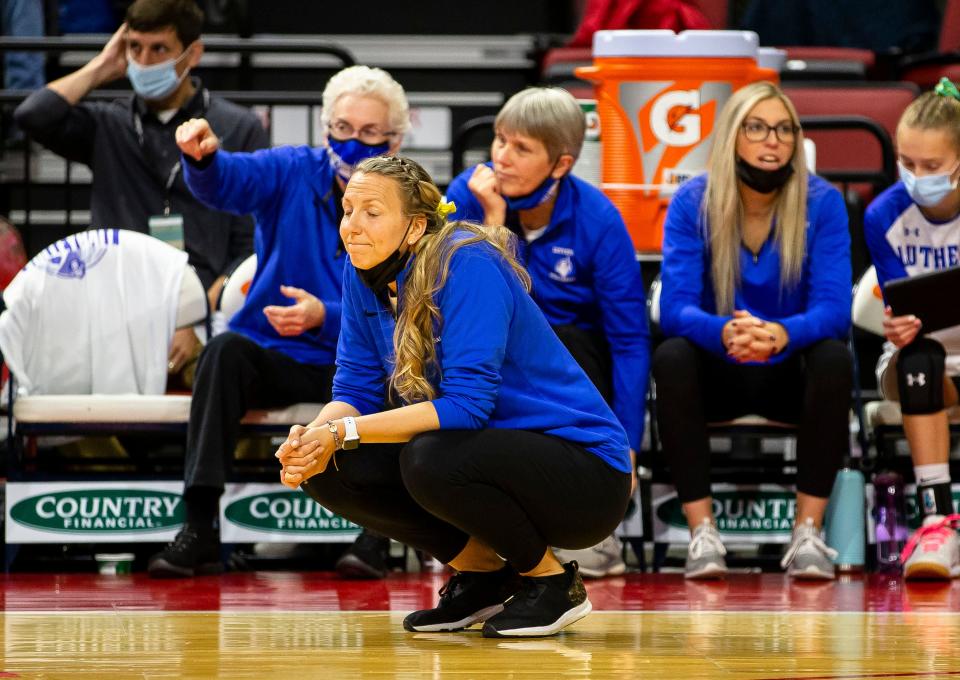 Lutheran volleyball head coach Katie McCulley reacts after Augusta Southeastern scores a point against the Crusaders during the semifinals of the IHSA Class 1A State Final Tournament at Redbird Arena in Normal, Ill., Friday, November 12, 2021.