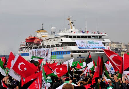 Pro-Palestinian activists wave Turkish and Palestinian flags during the welcoming ceremony for cruise liner Mavi Marmara at the Sarayburnu port of Istanbul December 26, 2010. REUTERS/Stringer/File Photo