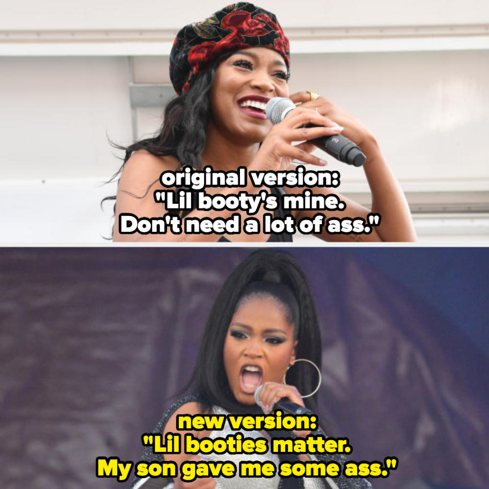 original version: "lil booty's mine, don't need a lot of ass," new version: "lil booties matter, my son gave me some ass"