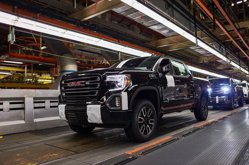 A GMC Sierra 1500 pickup on the assembly line at the General Motors Fort Wayne Assembly plant on Tuesday, May 14, 2019 in Roanoke, Indiana.