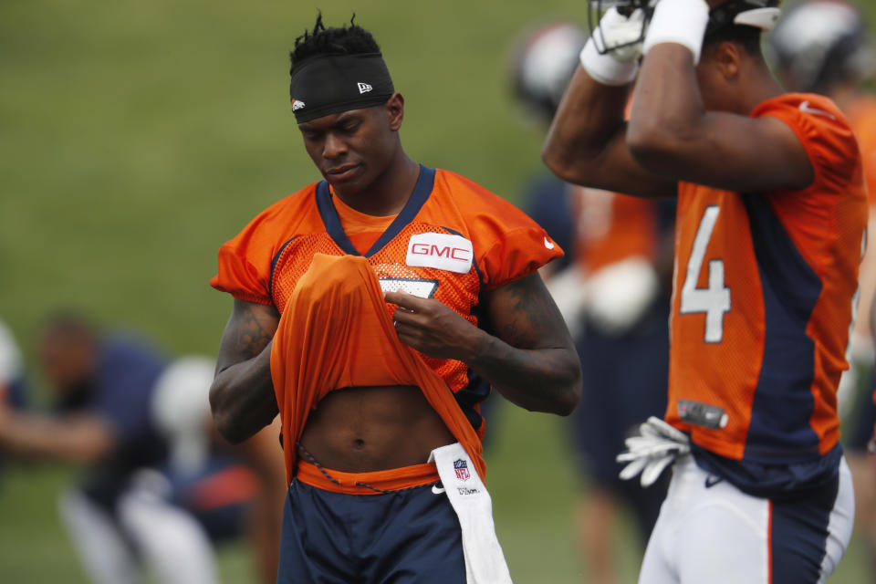 Mostly gone now: receiver DaeSean Hamilton and the rest of the Broncos’ rookies got haircuts from veterans on Tuesday. (AP)