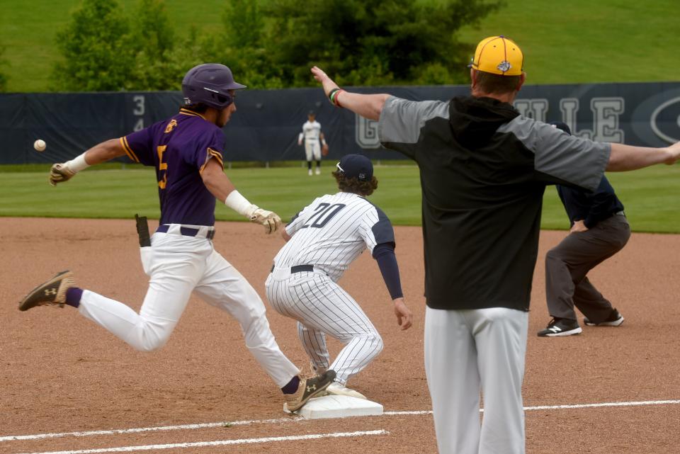 Bloom-Carroll's Beau Wisecarver beats the throw to first base after a Granville error Monday. But the Blue Aces pulled out the 1-0 Division II district semifinal win.