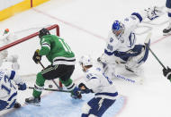 Dallas Stars right wing Corey Perry (10) scores on Tampa Bay Lightning goaltender Andrei Vasilevskiy (88) during the second period of Game 4 of the NHL hockey Stanley Cup Final, Friday, Sept. 25, 2020, in Edmonton, Alberta. (Jason Franson/The Canadian Press via AP)